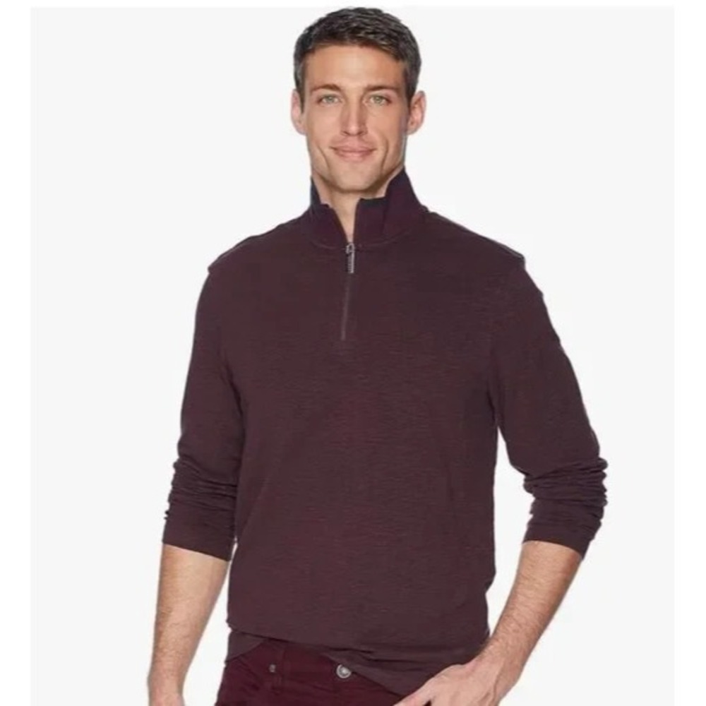 Perry Ellis Cotton Stretch Quarter Zip Knit Size XL Burgundy Pullover Mock Neck